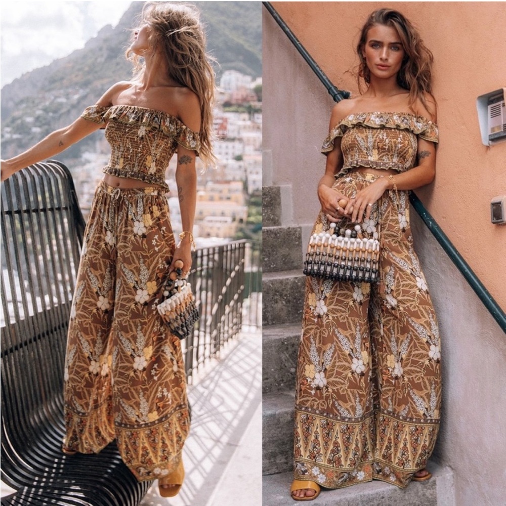 Spell Bianca Wide Leg Pant in Earth Brown Floral Small